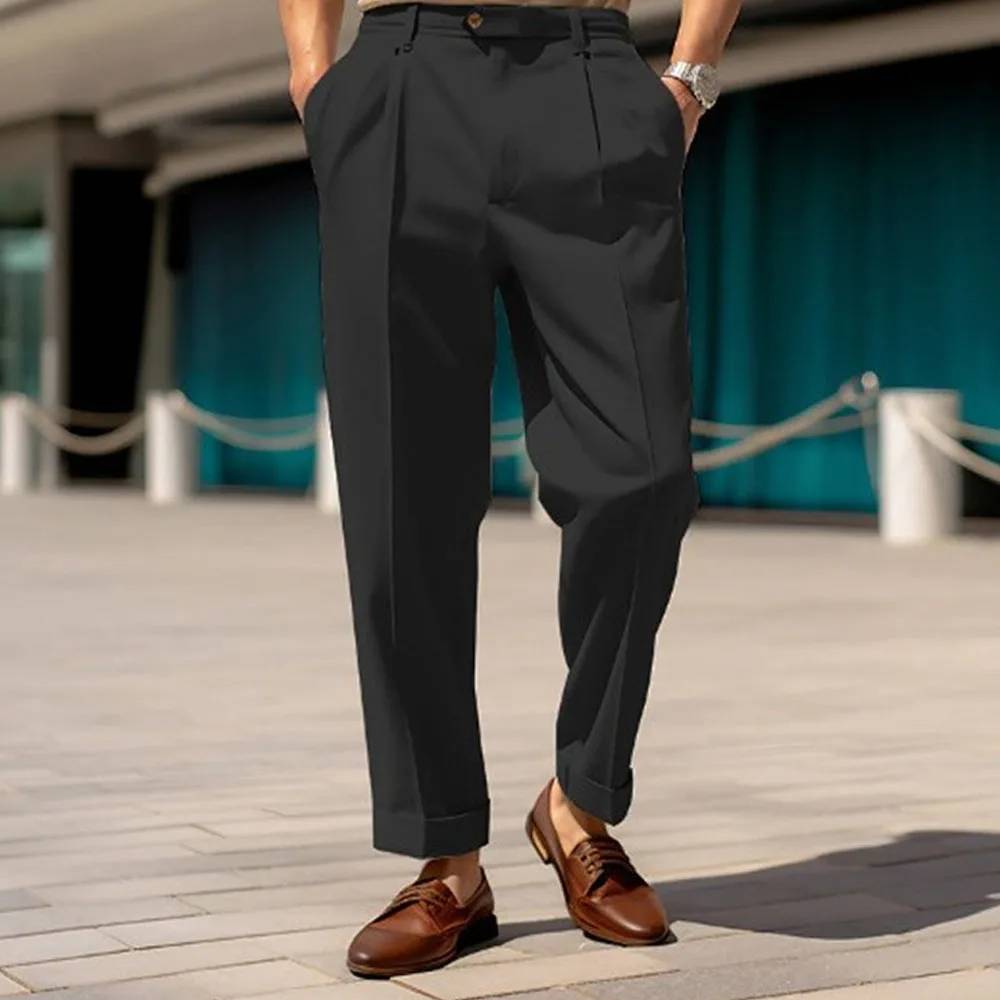 Solid Button Belt Straight Trousers