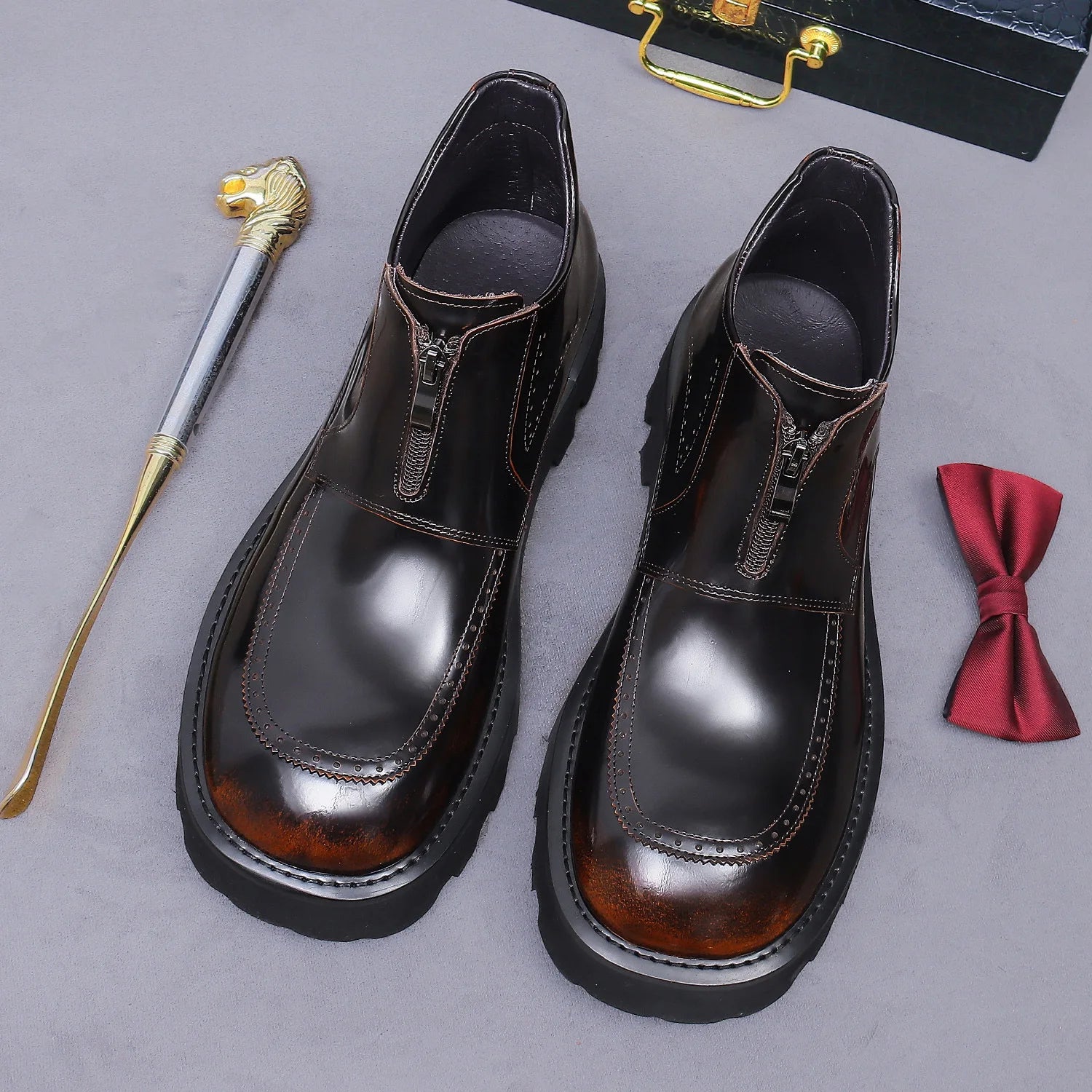 Thick Sole Zip-Up Brogue Ankle Boots
