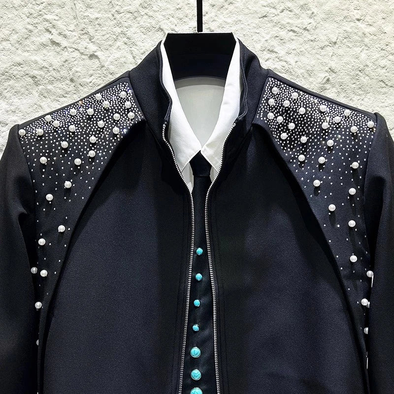 Pearls Beading Patchwork Zipper Jacket