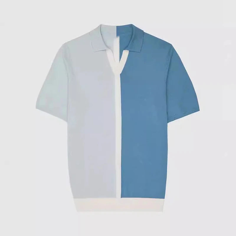 Casual Knitted Patchwork Colo Polo Shirt