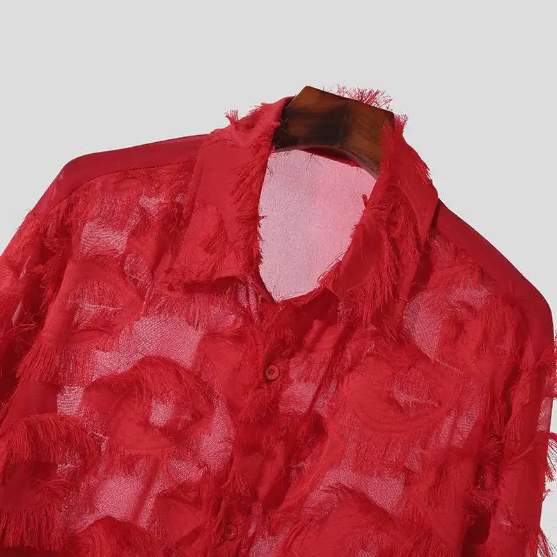 Bright Red Tassel Lapel Long Sleeve Shirt