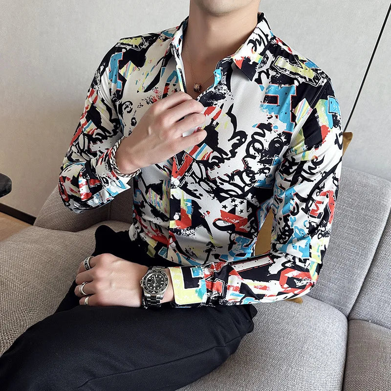 Streetwear Graffiti Printed Long Sleeved Men Shirt