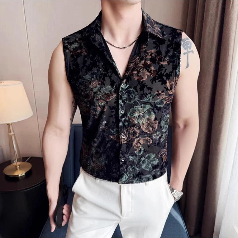 Floral Jacquard Mesh Sleeveless Shirt