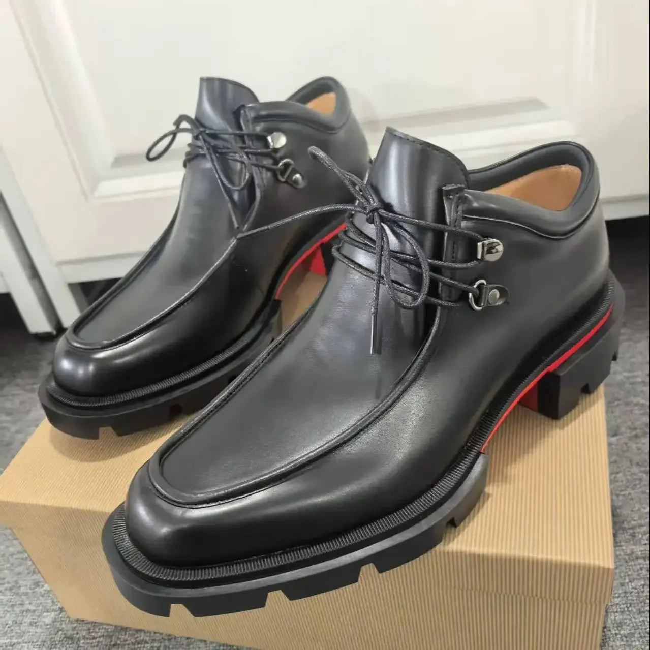 Black Leather Small Square Toe Shoes
