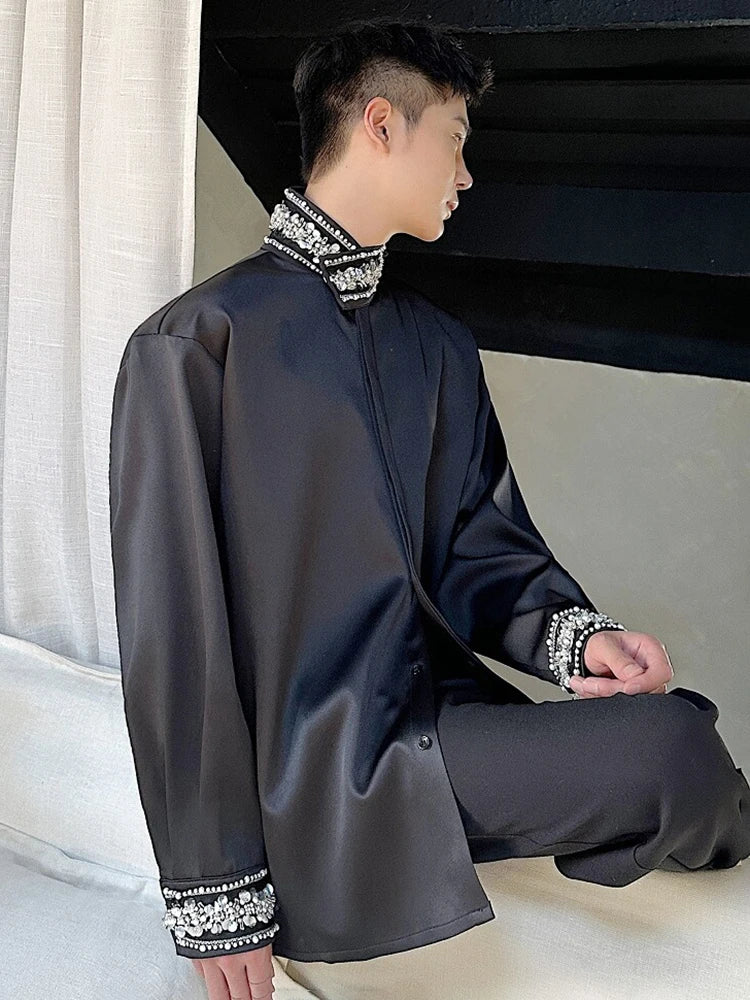 Solid B&W Collar Cuff Rhinestone Shirt