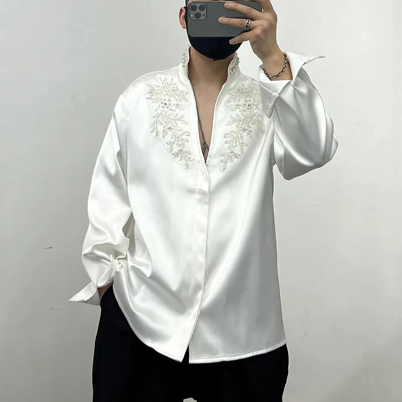 Solid Patchwork Rhinestone V-neck Shirts
