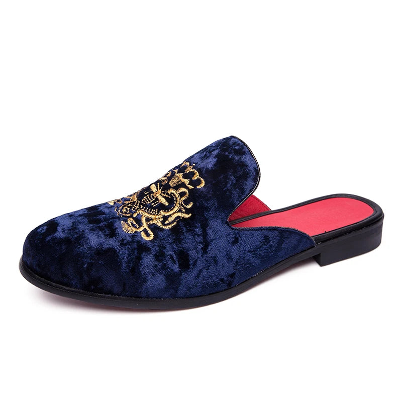 Embroidered Velvet Upper Mules Shoes