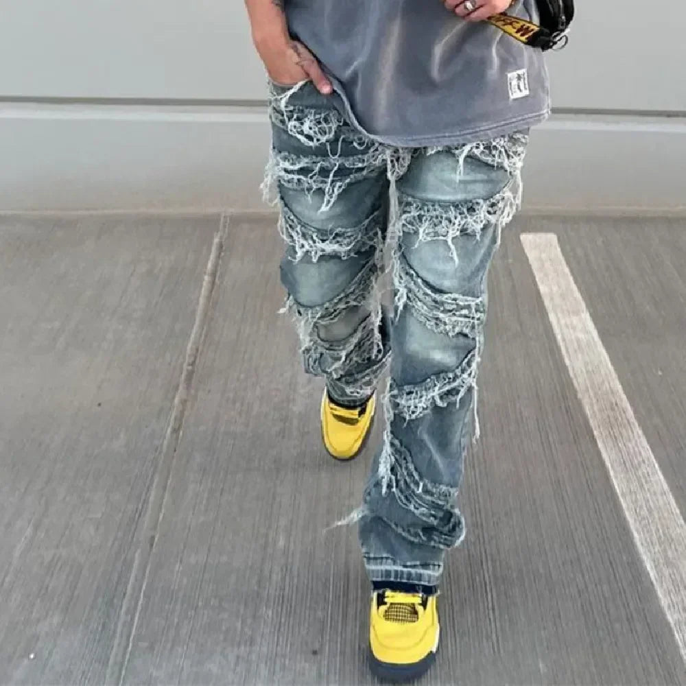 Ripped Spliced Straight Denim Jeans