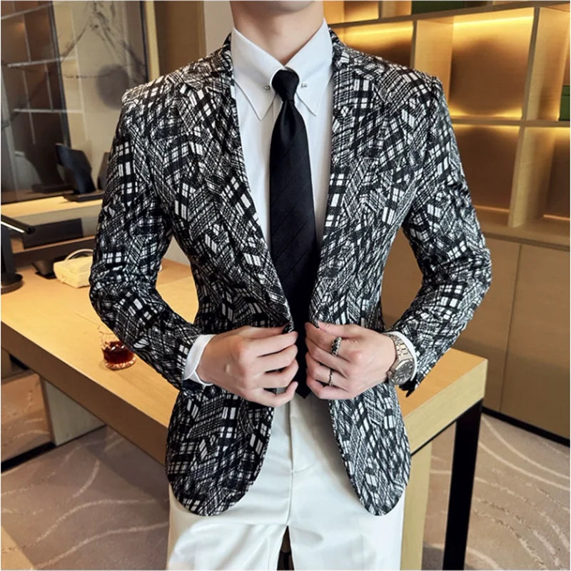 Geometric Grid Polyester Men's Blazer