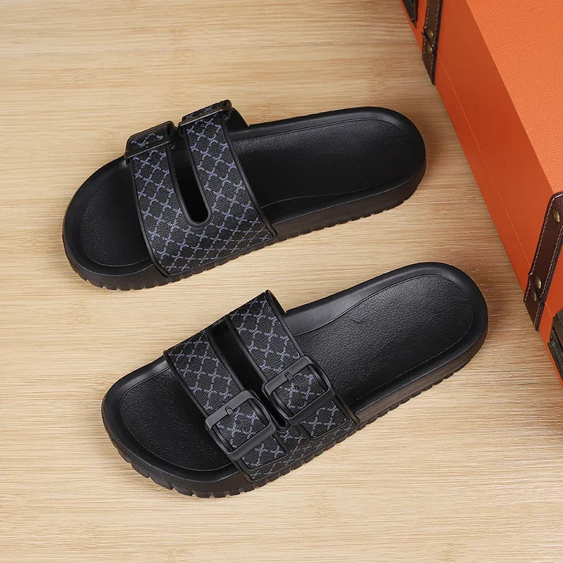 Double Buckle Geometric Slip-On Sandals