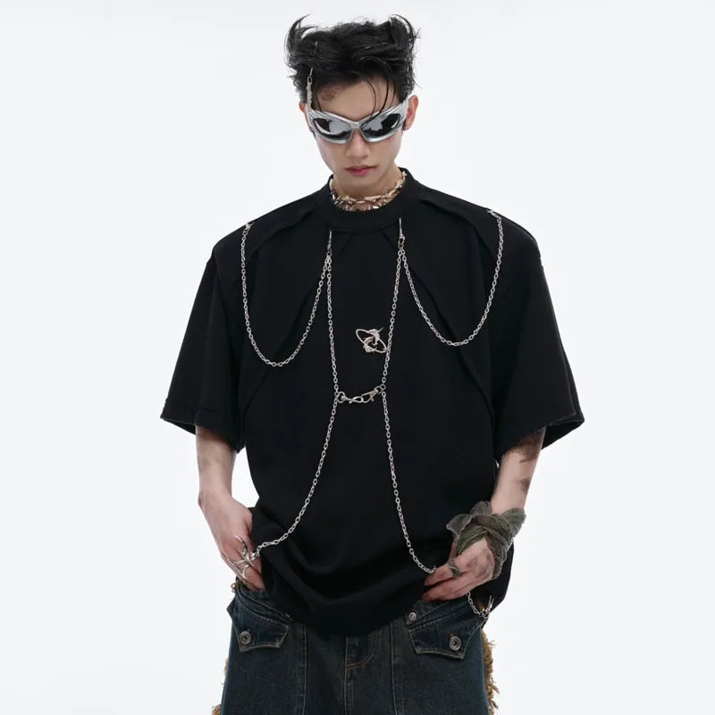 Patchwork Metal Chain O-Neck T-Shirt