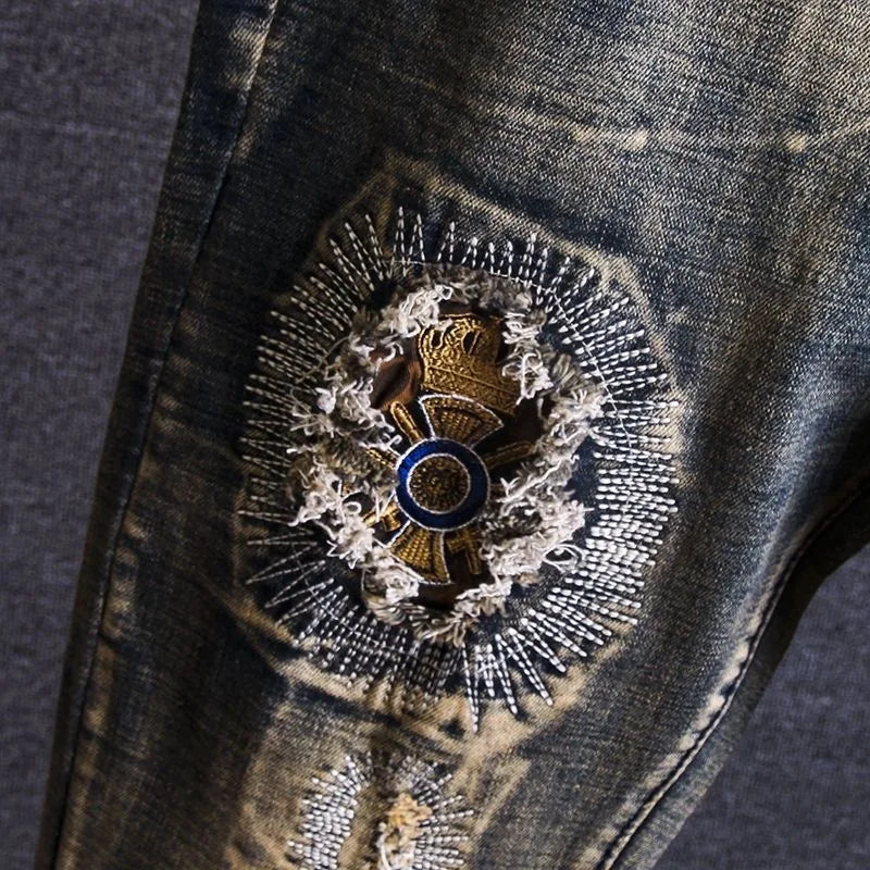 Embroidered Patch Straight Leg Jeans