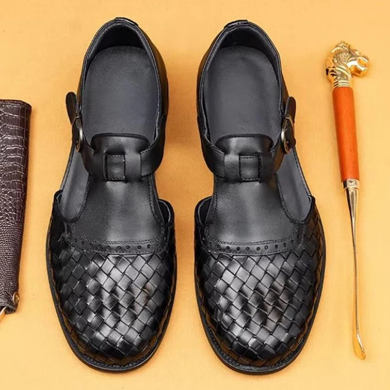 Retro Woven Pattern Leather Shoes