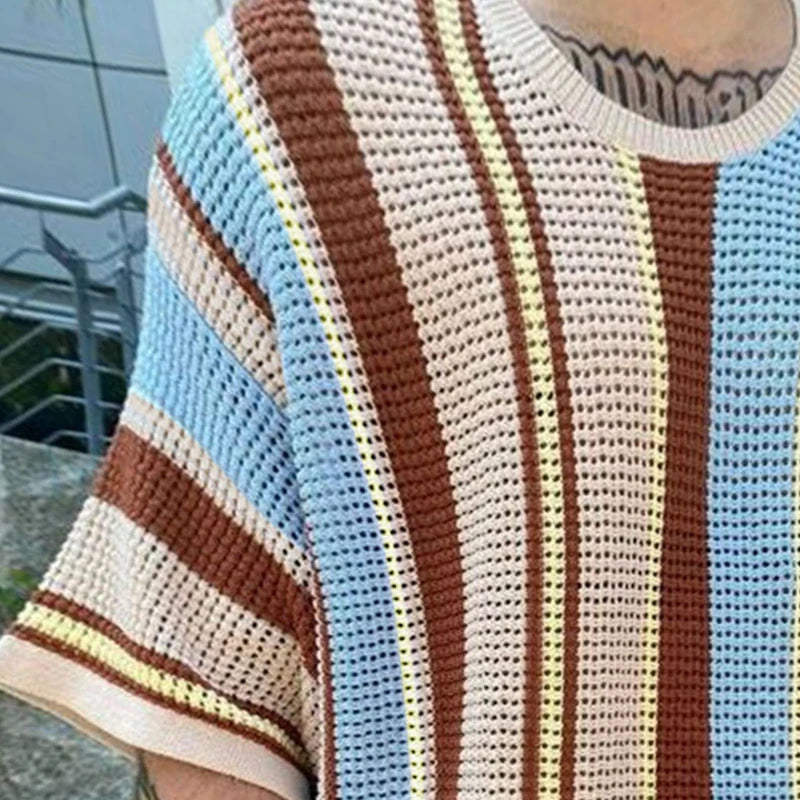 Vertical Striped Knit O-Neck T-Shirt