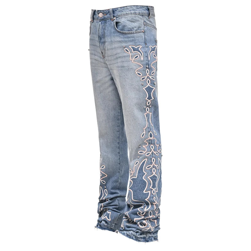 Embroidered Flame Bottom Men's Jeans