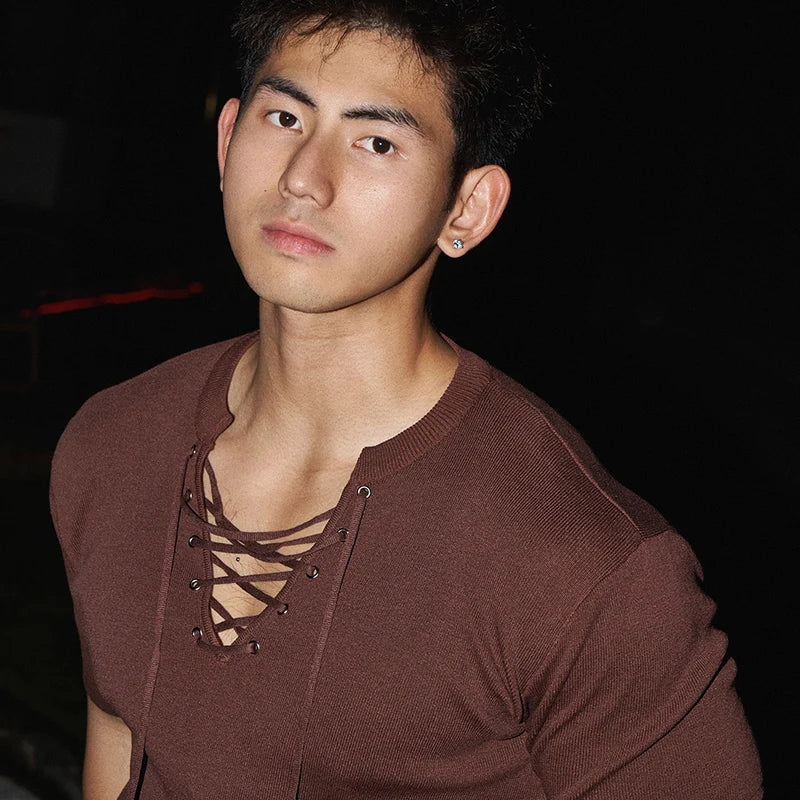 V-Neck Lace-Up Solid T-Shirt