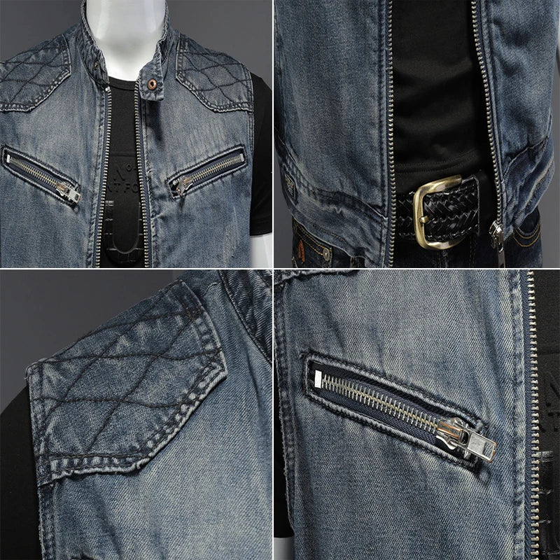 Retro Ripped Hollow Denim Zipper Vest