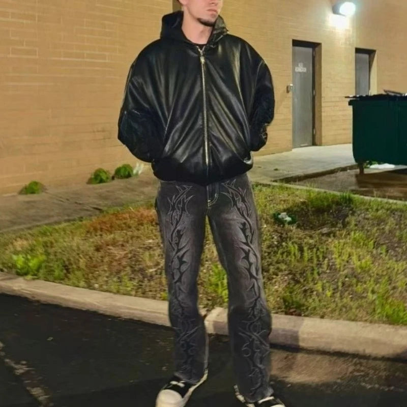 Retro Grey-Black Thorn Embroidery Jeans