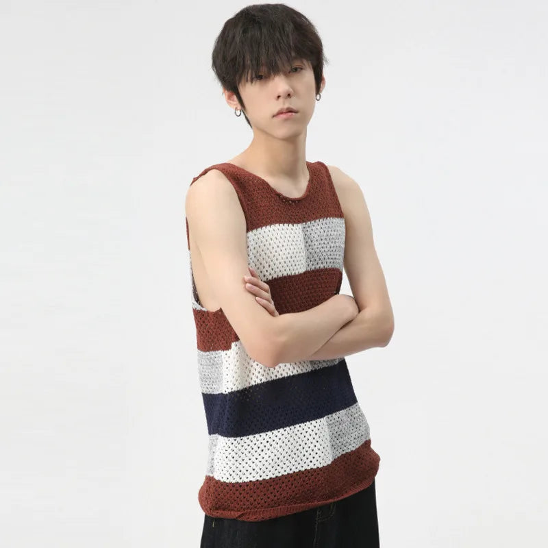 Color Block Knitted Hollow-Out Tank Top