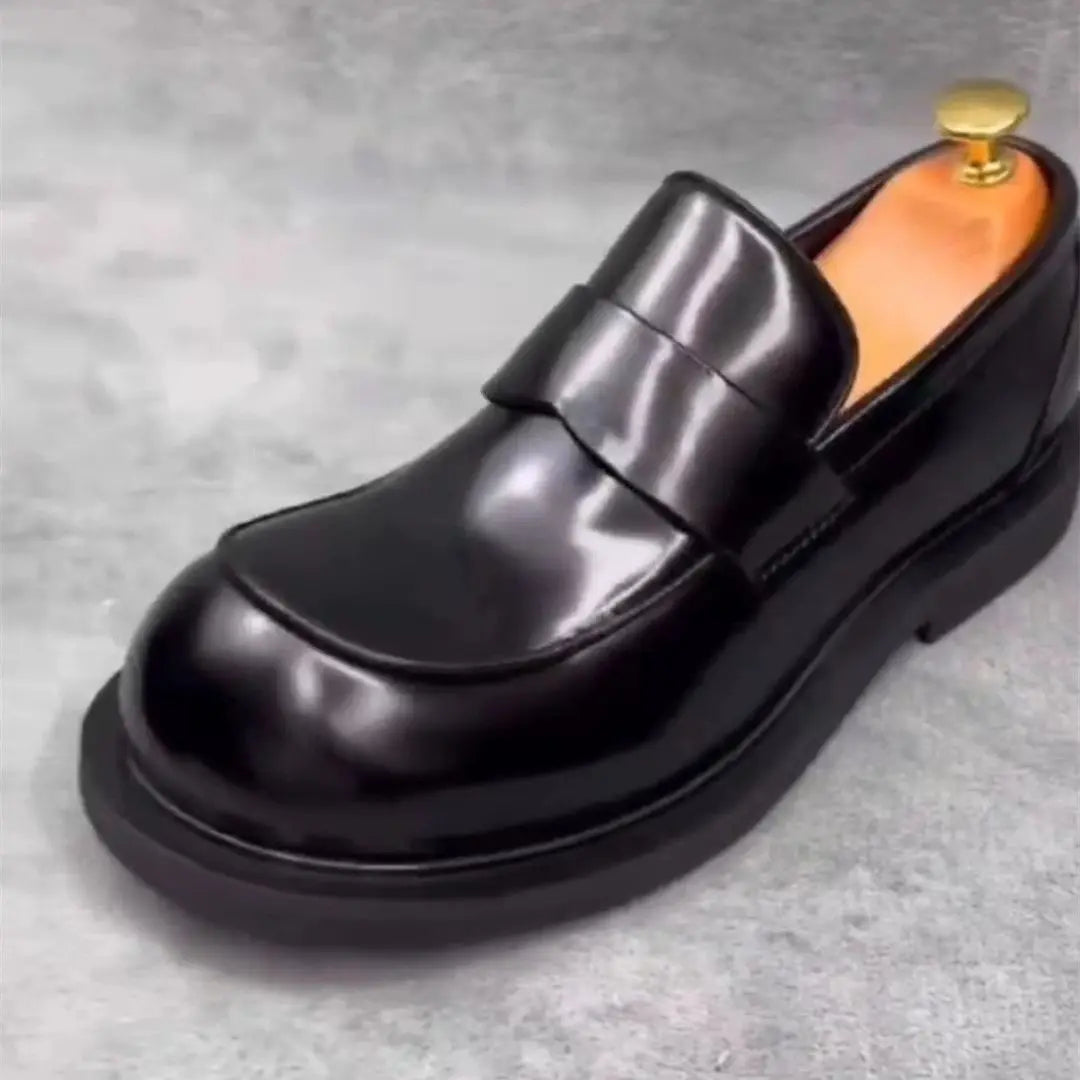 Solid Shiny Leather Round Toe Loafers