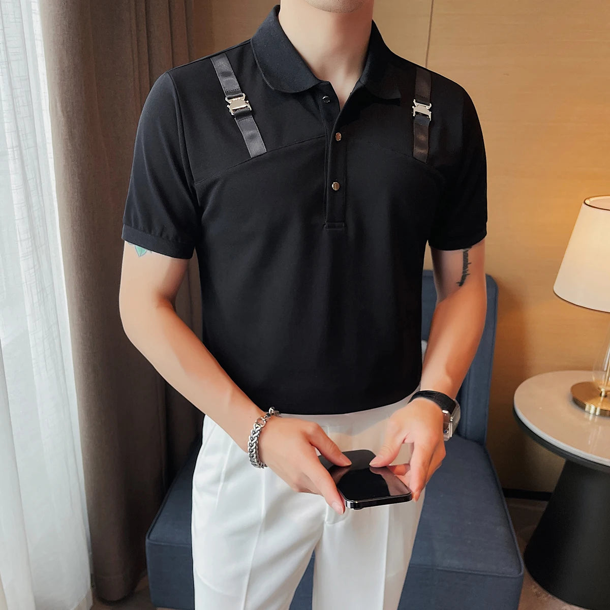 Patchwork Buckle Shoulder Solid Polo Shirt