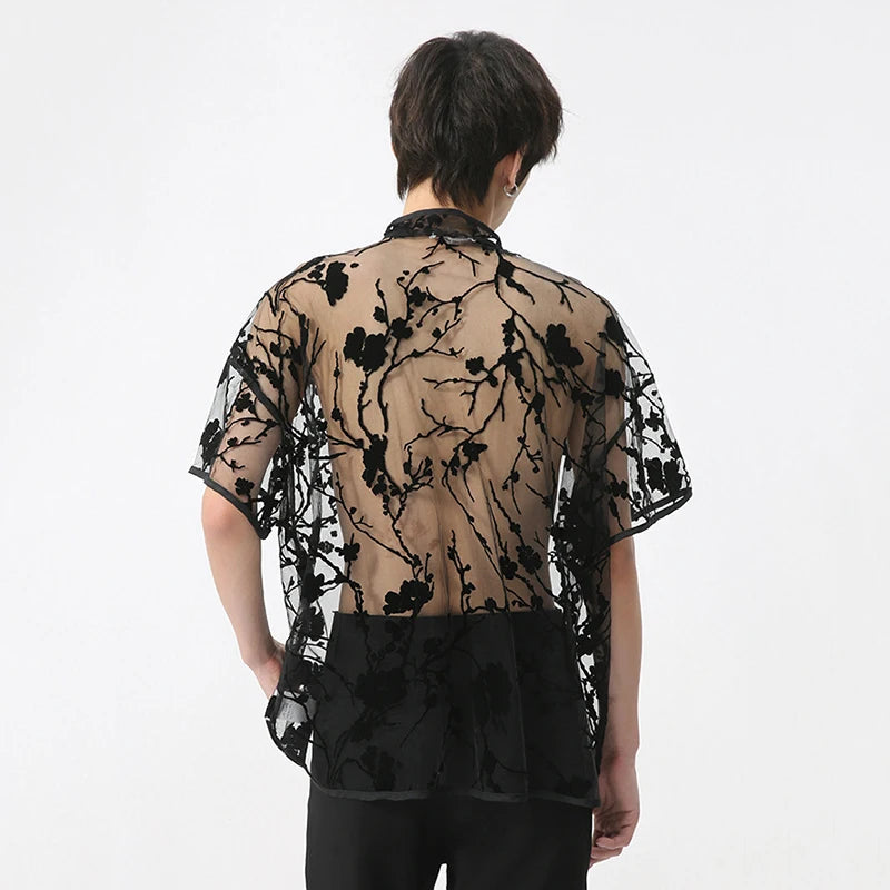 See Through Embroidery Black Shirt