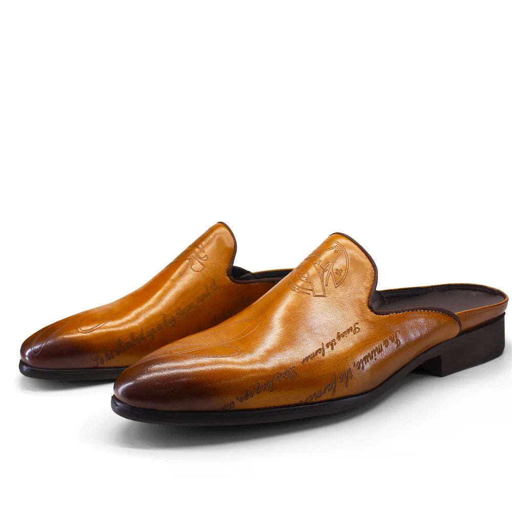 Letter Engraving Leather Mules Shoes