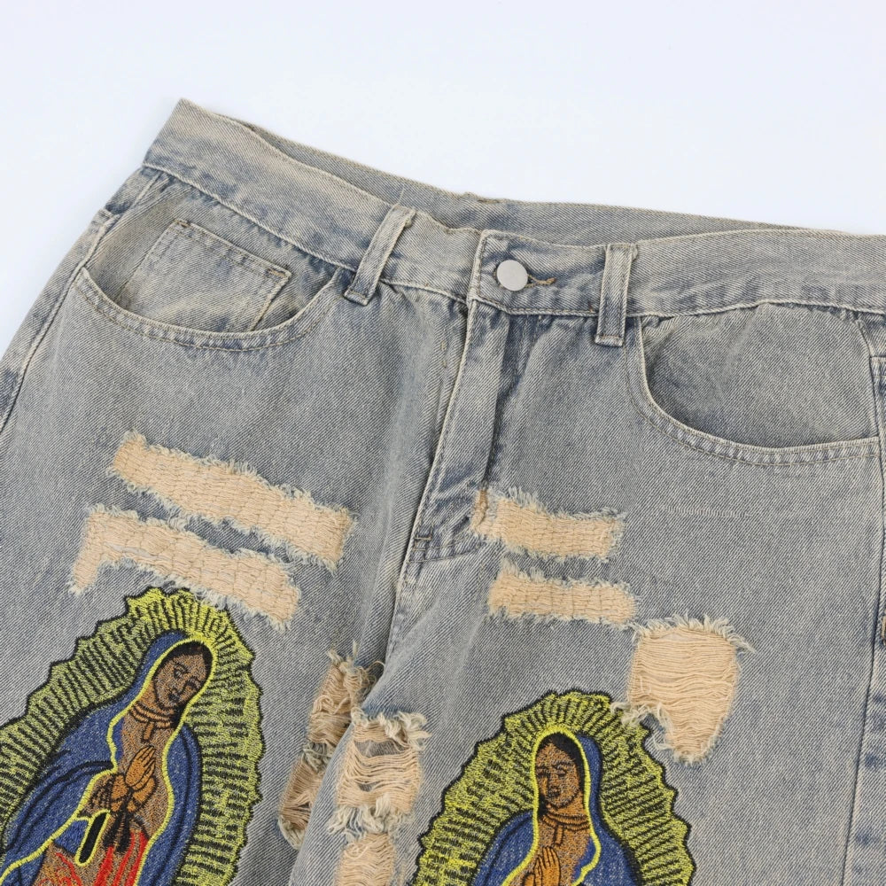 Ripped Embroidery Decoration Loose Jeans