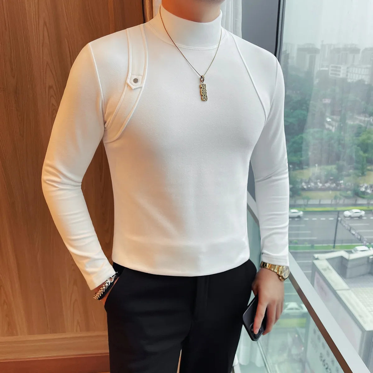 Solid Half High Neck Velvet T-Shirt