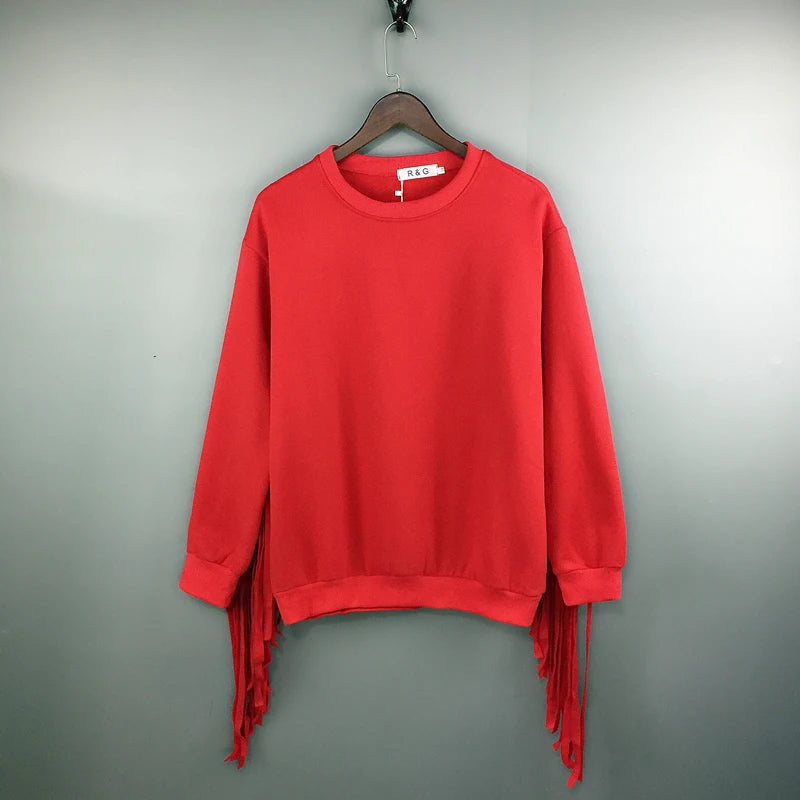 Solid Tassel Round Neck Loose Sweater