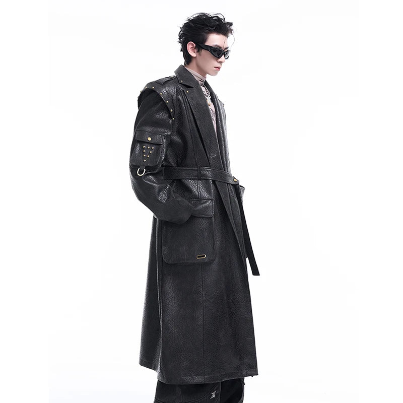 Black Button Rivet Desing Leather Coat
