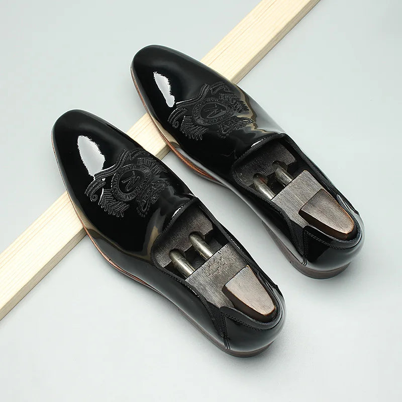 Shiny Lux Embroidery Leather Loafers