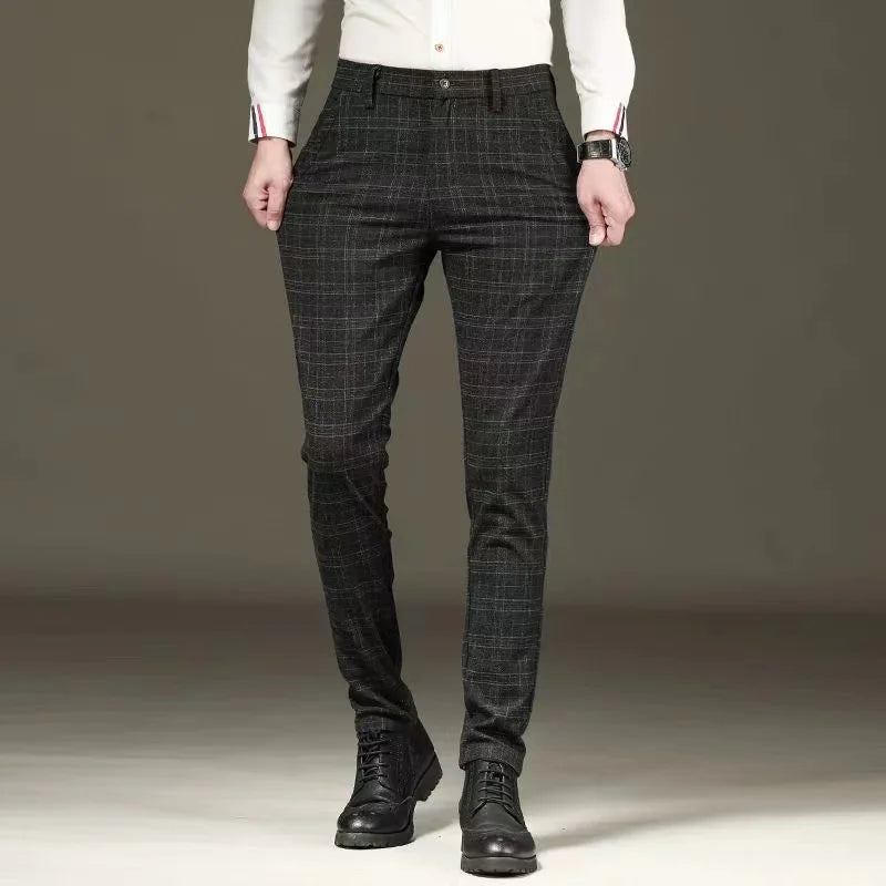 Black Grey Casual Plaid Straight Fit Trousers