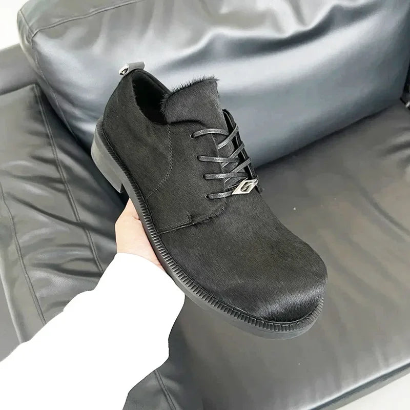 Black Leather Horsehair Derby Shoes