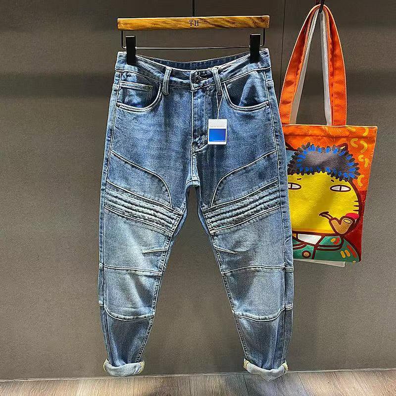 Washed Biker Denim Tapered Jeans