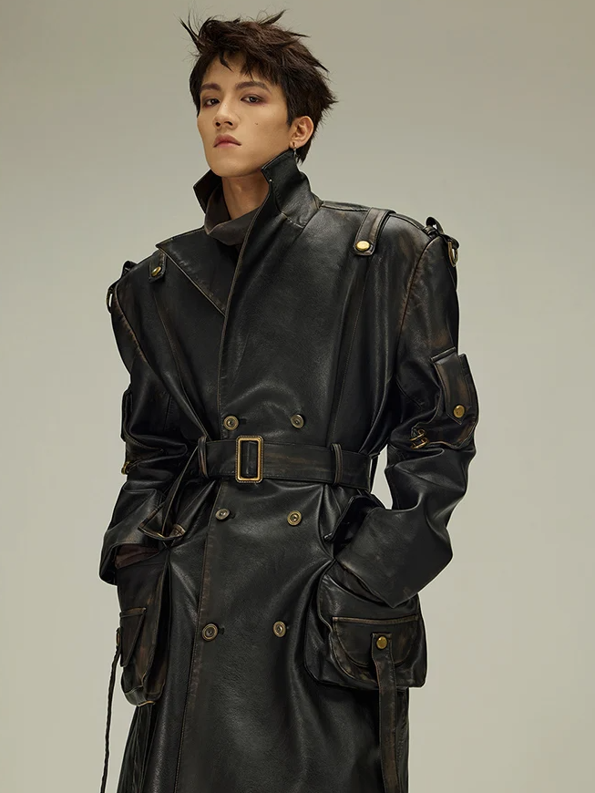 Distressed Black PU Leather Trench Coat