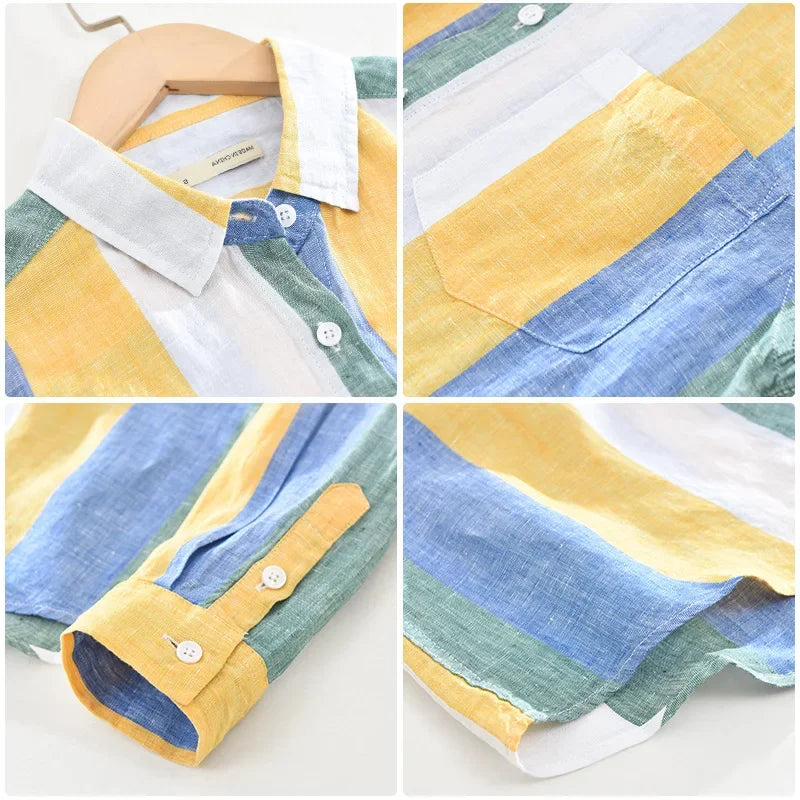 Linen Long-Sleeved Color Block Shirt