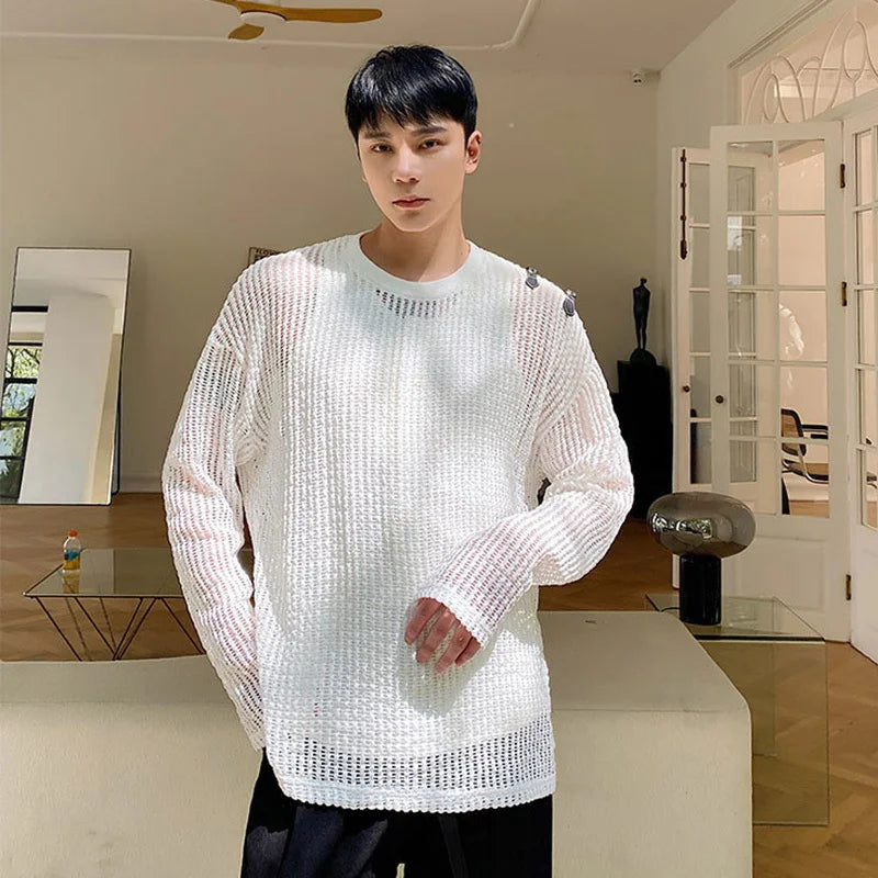 Mesh Round Neck Long Sleeve T-Shirt