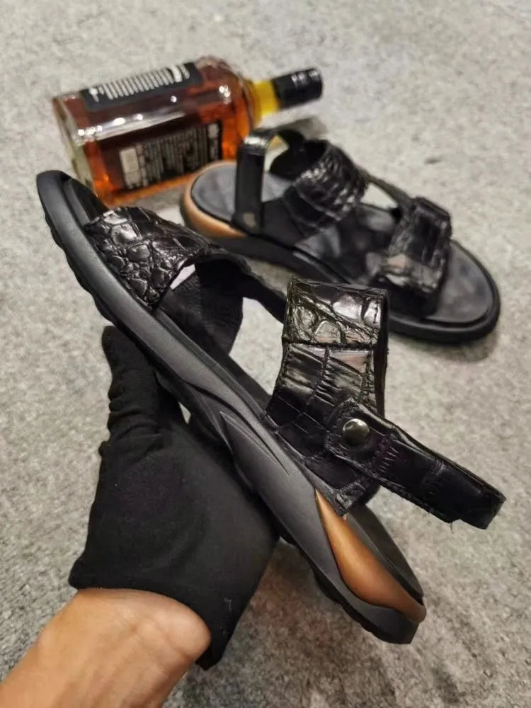 Black Crocodile Skin Leather Sandals