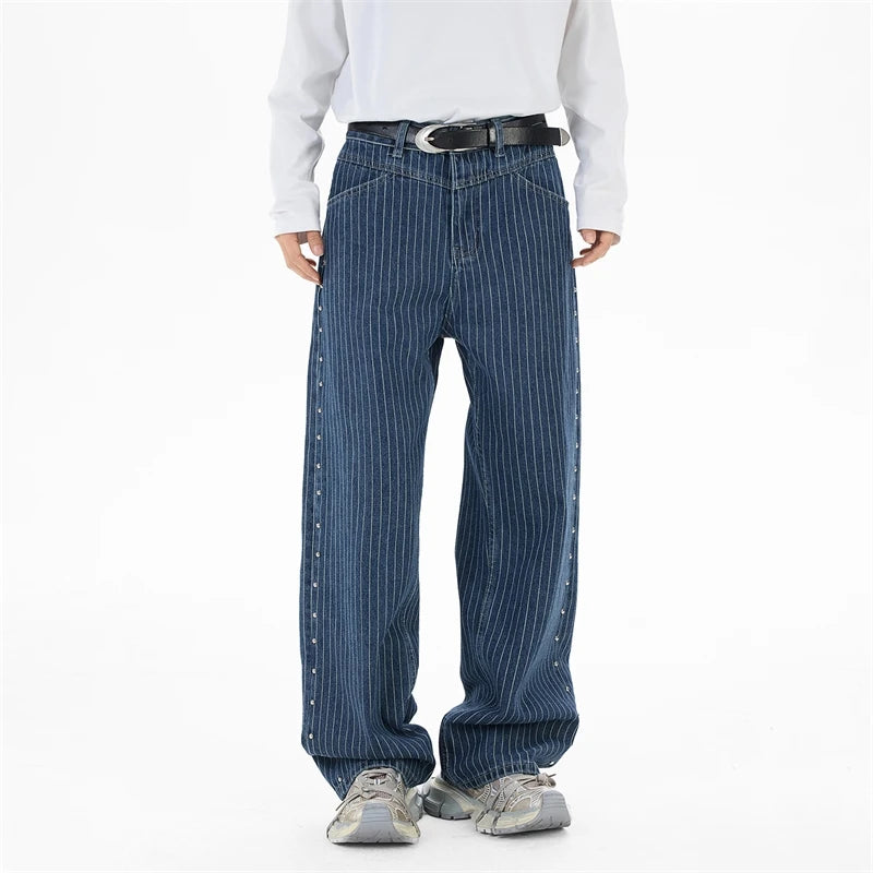 Blue Striped Side Seam Beaded Jeans