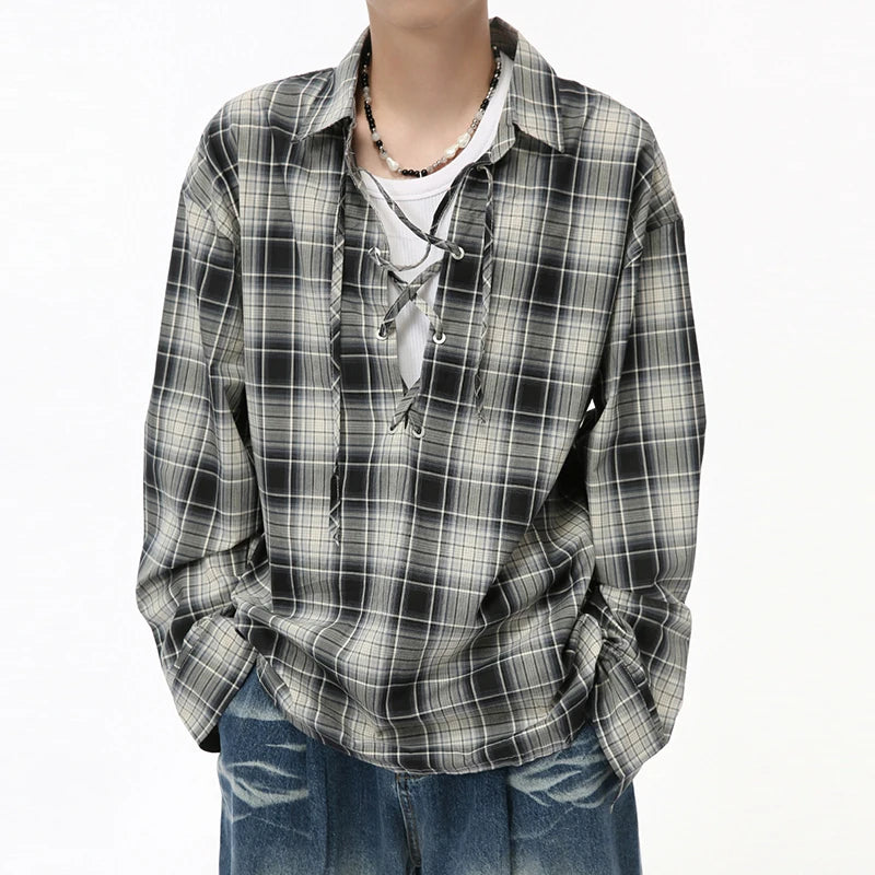 Casual Plaid Lace-up Loose Shirt