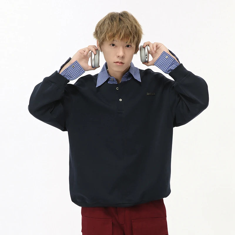 Plaid Patchwork Fake Two-piece Loose Sweatshirt