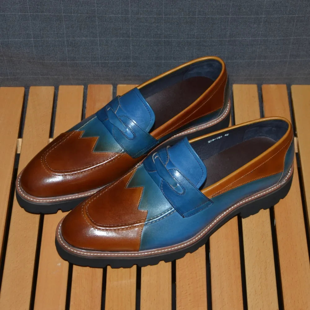 Blue Brown Genuine Leather Men's Loafers