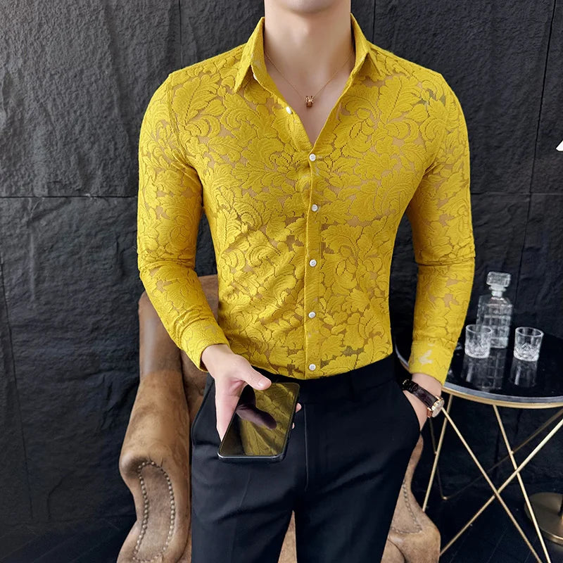 Solid Transparent Lace Slim Fit Shirt