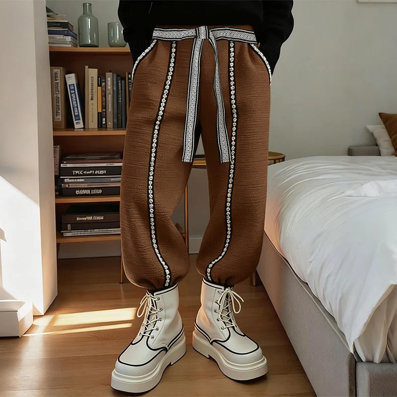 Patchwork Lace Up Casual Joggers Pants