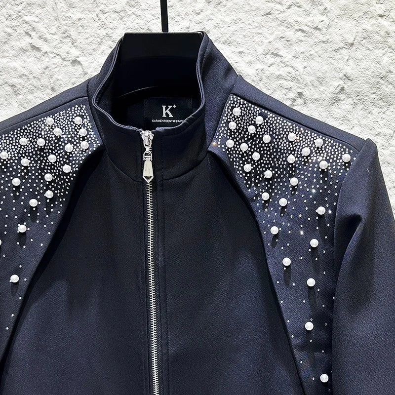 Pearls Beading Patchwork Zipper Jacket