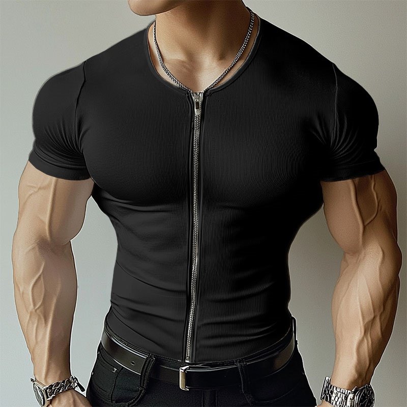 Solid Texture Zipper Design T-Shirt