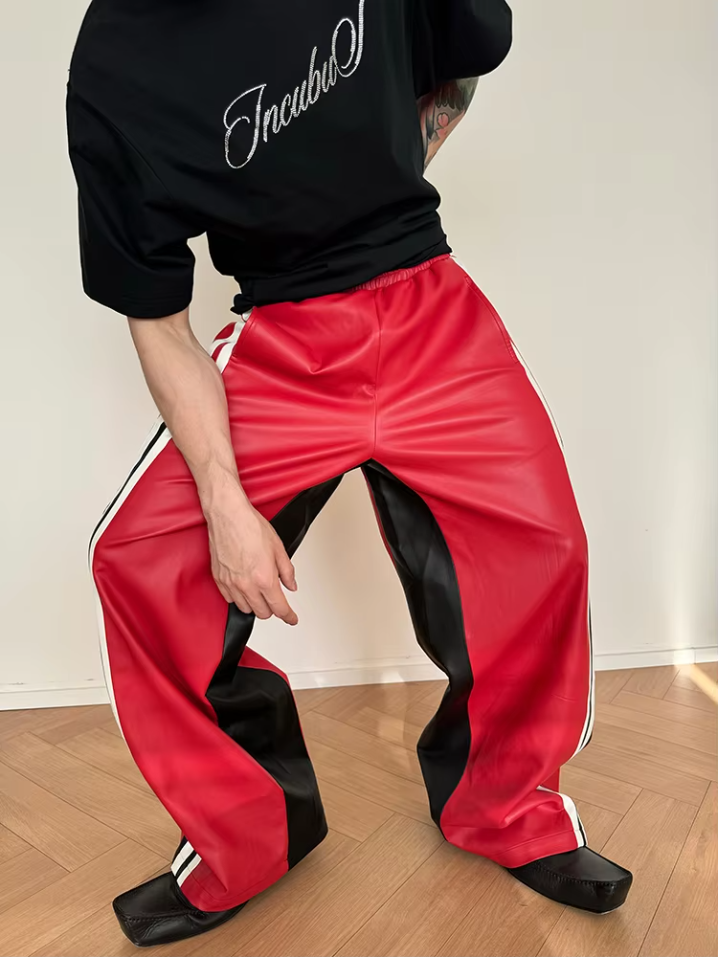 Loose Casual Red Faux Leather Pants