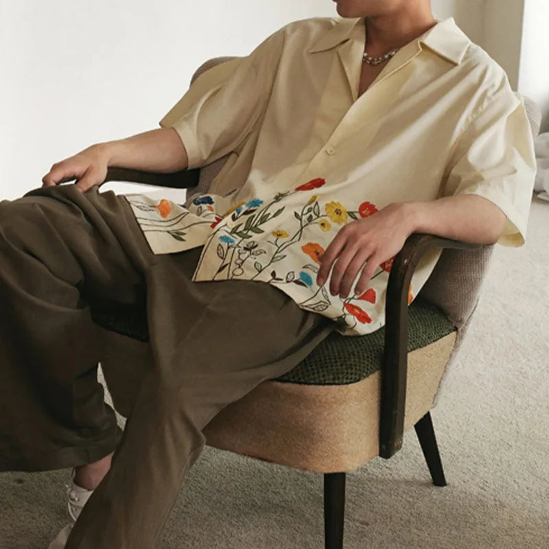 Flower Printing Lapel Short Sleeve Shirt