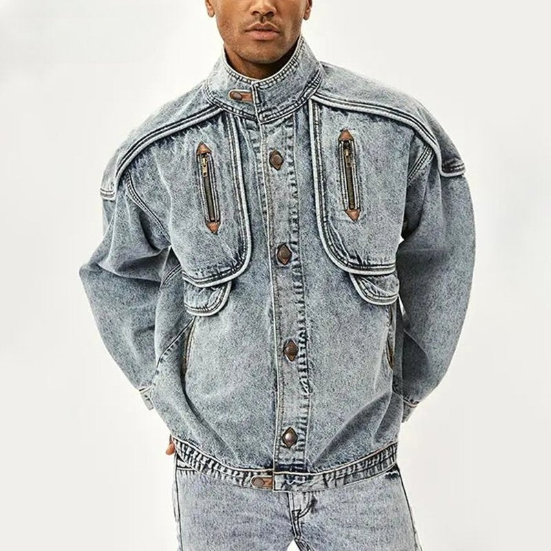 Stand Collar Distressed Denim Jacket